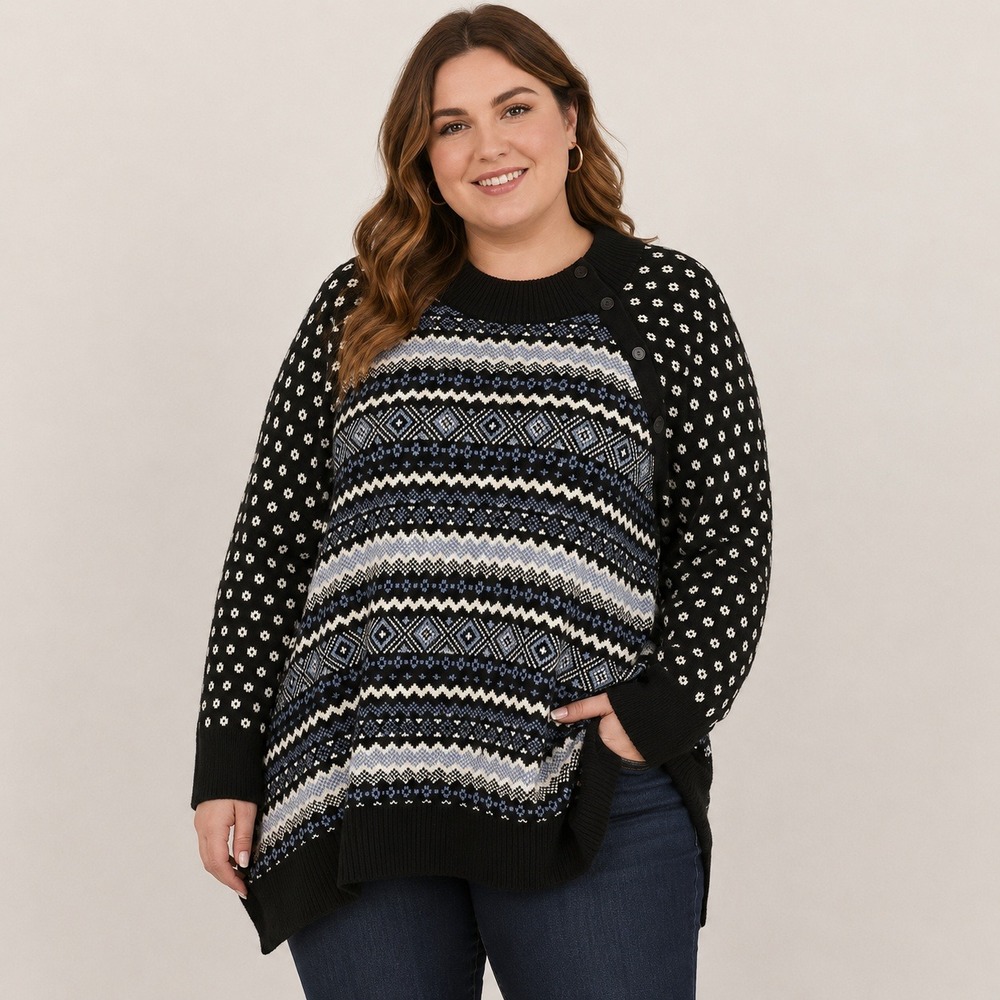 Talbots Fair Isle Blue Wool Blend Snap Collar Sweater Size 3XL Petite